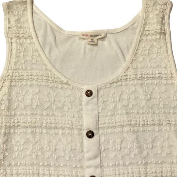 Zenana Outfitters Lace Mesh Sheer Faux Button Off White Tank Top - Picture 2 of 5